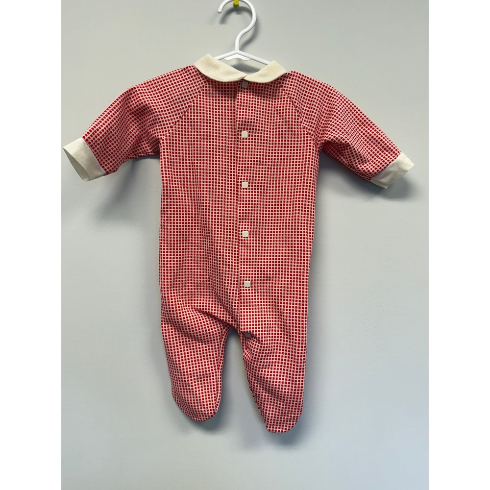 Vintage Lullaby Land Baby Red White Check Footed Sleeper Peter Pan Collar Large